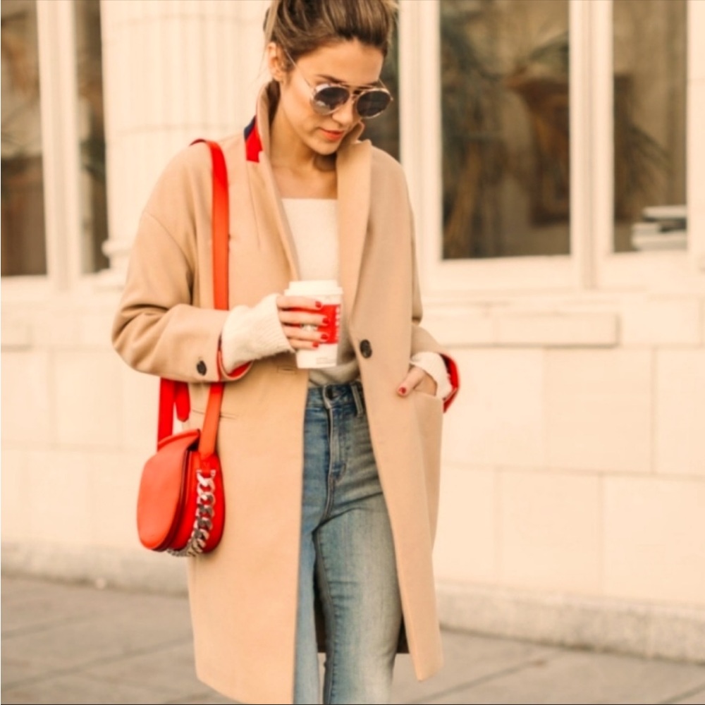 Topshop long camel coat with red accents